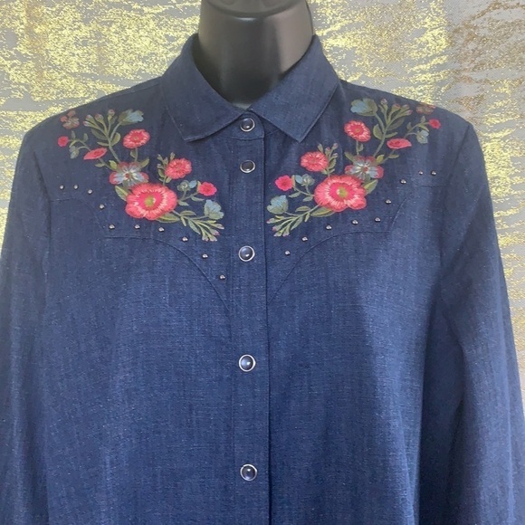 Kate Spade Blue Dark Wash Embroidered Chambray Denim Shirt Size M - Picture 5 of 13